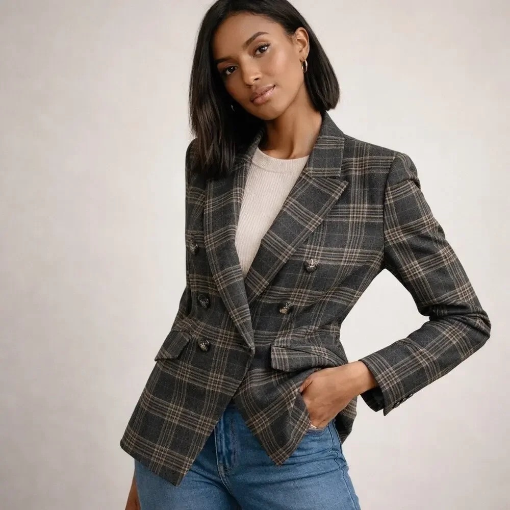 Banana Republic • Double-Breasted Flannel Blazer Cadet Plaid heather grey wool